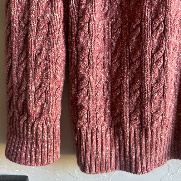 LL Bean Long Cable Knit 100% Cotton Cardigan Heathered Red Sz M Fisherman Preppy - Picture 5 of 12